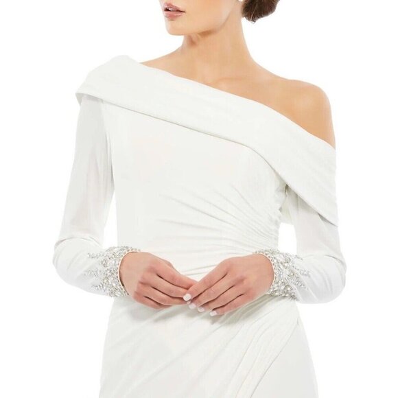 Mac Duggal Womens Sz 8 White Beaded Cuff Drop Shoulder Faux Wrap Gown Dress New - Picture 3 of 13